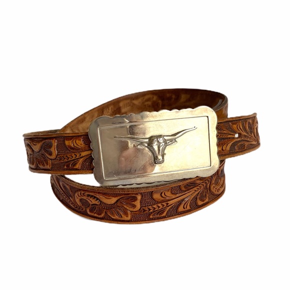 Vintage Accessories - Vintage Hand Tooled Leather Belt Longhorn Steer